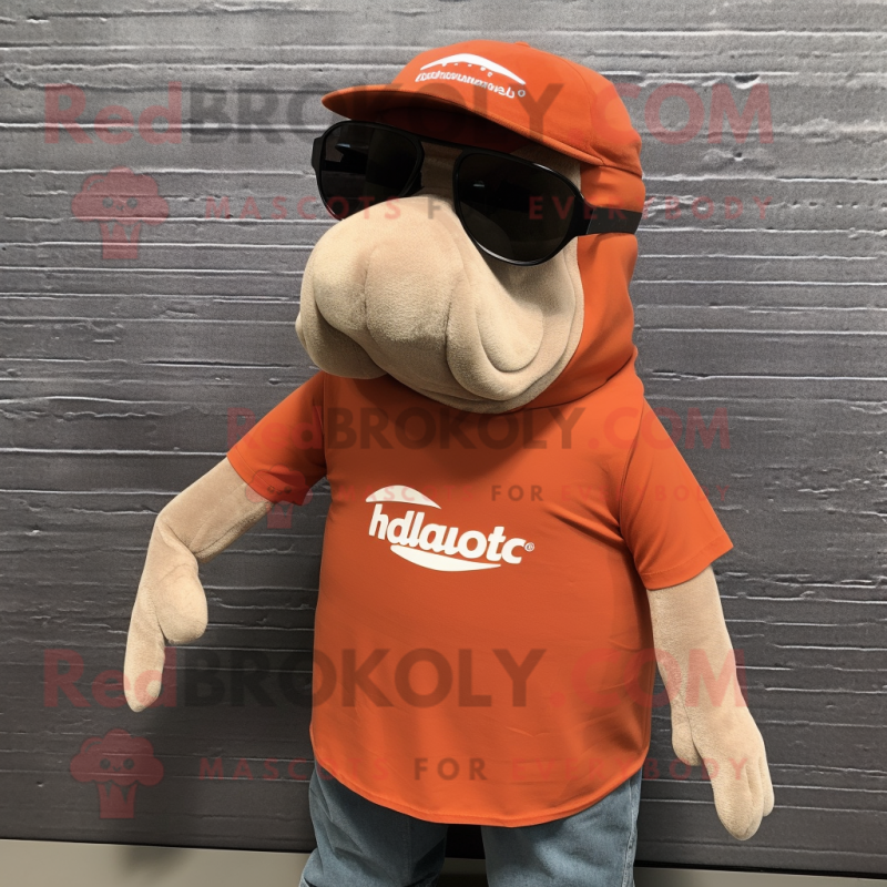 Rust Humpback Whale mascot costume character dressed with a Polo Tee and Eyeglasses
