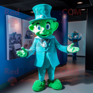 Cyan Leprechaun Hat mascot costume character dressed with a Playsuit and Hat pins