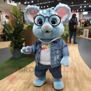 Sky Blue Hamster mascot costume character dressed with a Jeans and Eyeglasses