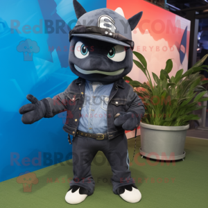 Black Swordfish mascot costume character dressed with a Jeans and Beanies