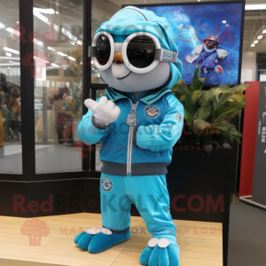 Turquoise Bracelet mascot costume character dressed with a Bomber Jacket and Scarf clips
