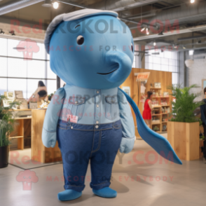 nan Blue Whale mascot costume character dressed with a Mom Jeans and Suspenders