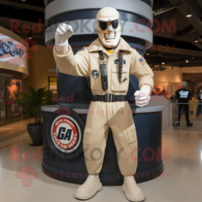 Cream Gi Joe mascot costume character dressed with a Jeans and Rings