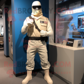 Cream Gi Joe mascot costume character dressed with a Jeans and Rings