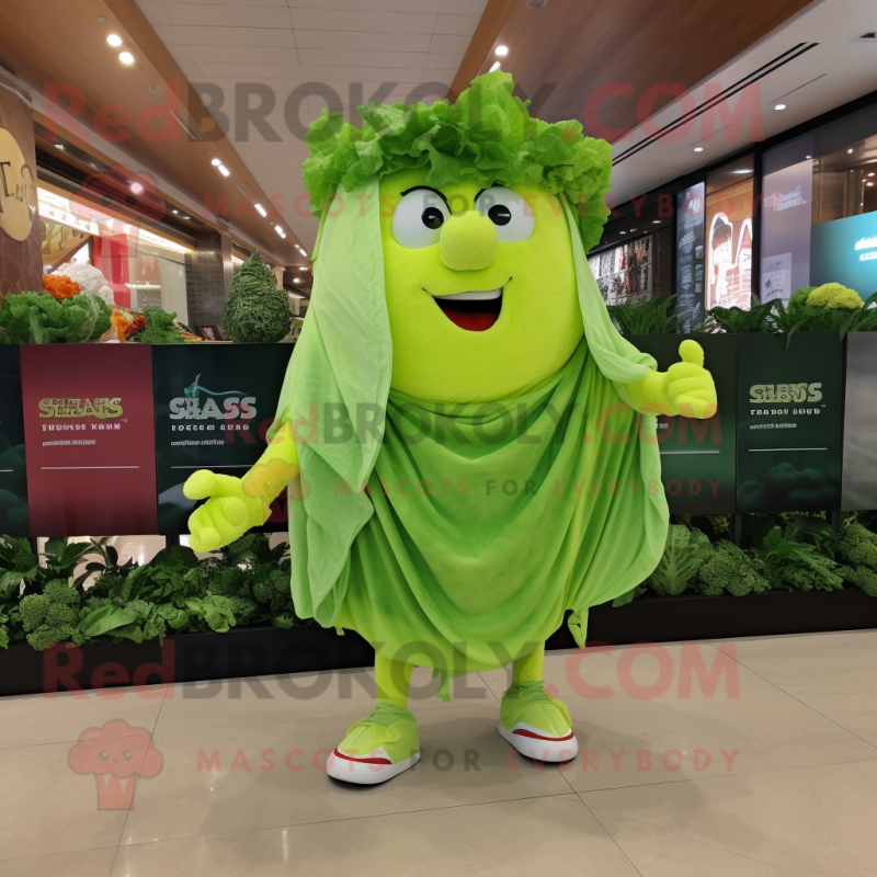 Lime Green Caesar Salad mascot costume character dressed with a Running Shorts and Shawls