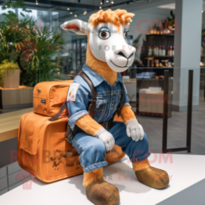Orange Goat mascot costume character dressed with a Denim Shirt and Messenger bags