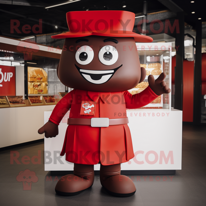 Red Chocolate Bar mascot costume character dressed with a Polo Shirt and Hats