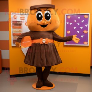 Orange Chocolate Bar mascot costume character dressed with a Circle Skirt and Tie pins