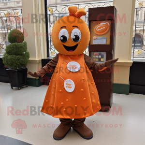 Orange Chocolate Bar mascot costume character dressed with a Circle Skirt and Tie pins