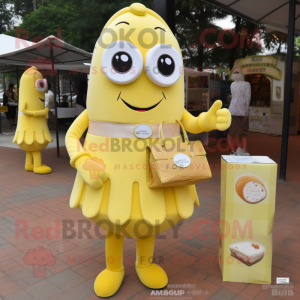 Lemon Yellow Chocolates mascot costume character dressed with a Sheath Dress and Coin purses