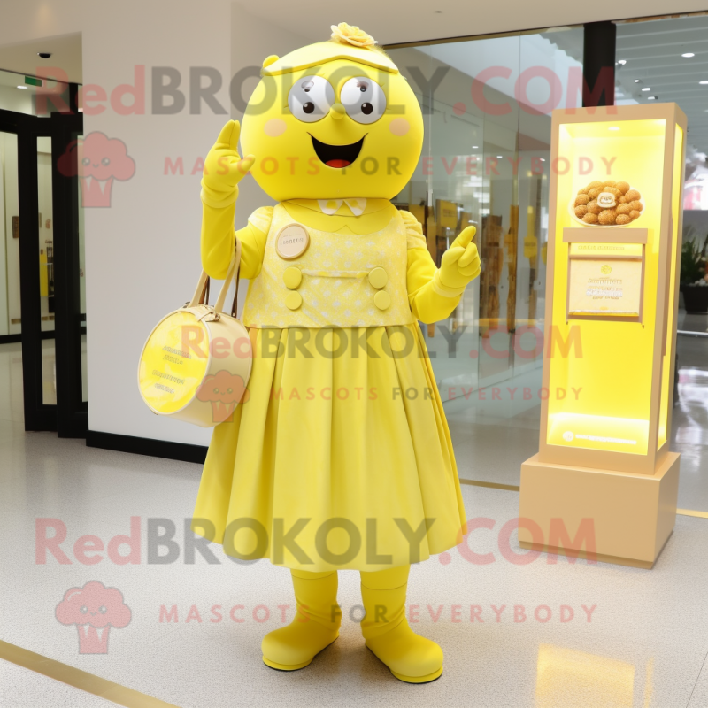 Lemon Yellow Chocolates mascot costume character dressed with a Sheath Dress and Coin purses