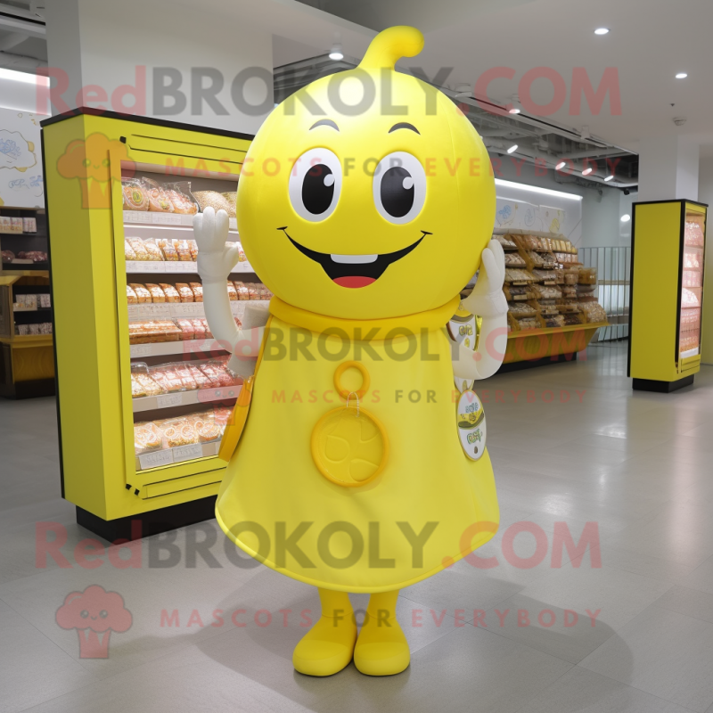 Lemon Yellow Chocolates mascot costume character dressed with a Sheath Dress and Coin purses