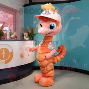 Peach Seahorse mascot costume character dressed with a Graphic Tee and Headbands