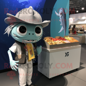 Silver Fish Tacos mascot costume character dressed with a Romper and Hat  pins - Mascot Costumes -  Sizes L (175-180CM)