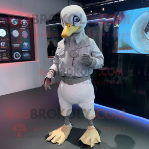 Silver Muscovy Duck mascot costume character dressed with a Trousers and Smartwatches