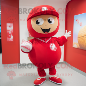 Red Baseball Ball mascot costume character dressed with a A-Line Dress and Beanies