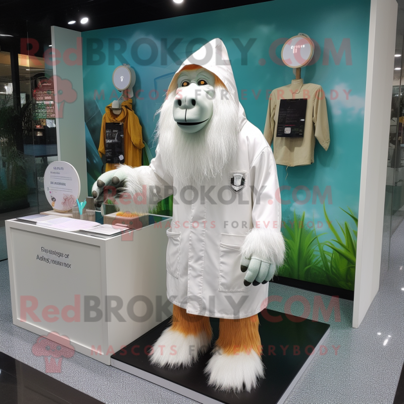 White Orangutan mascot costume character dressed with a Raincoat and Brooches