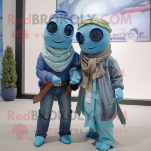 Cyan Navy Seal mascot costume character dressed with a Boyfriend Jeans and Scarves