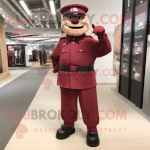 Maroon Army Soldier mascot costume character dressed with a Dress Pants and Suspenders