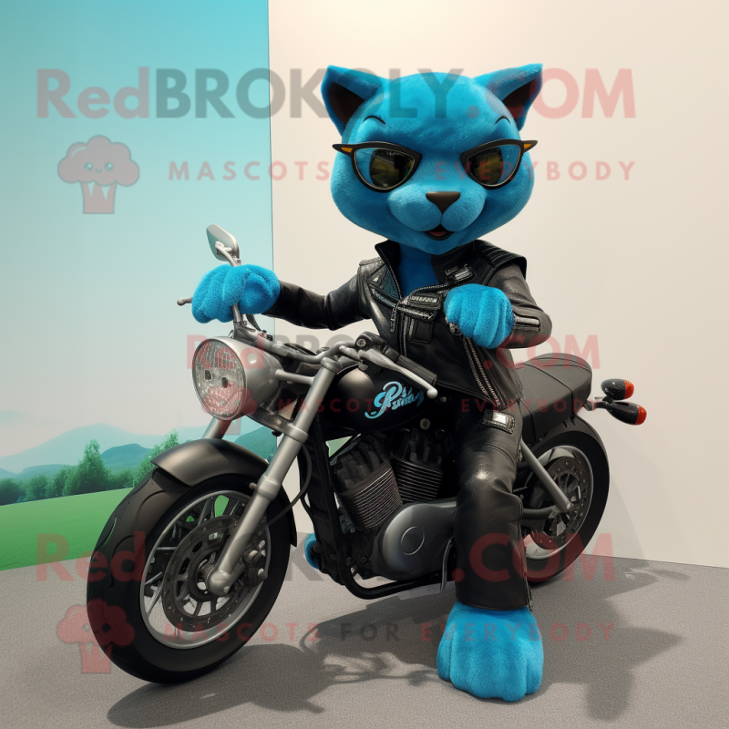 Cyan Jaguarundi mascot costume character dressed with a Biker Jacket and Hairpins