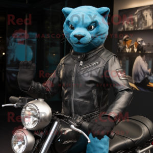 Cyan Jaguarundi mascot costume character dressed with a Biker Jacket and Hairpins