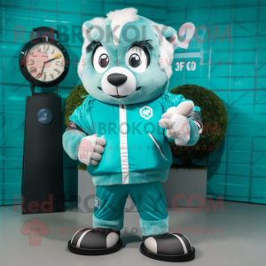 Teal Soccer Goal mascot costume character dressed with a Parka and Digital watches