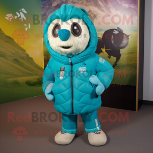 Teal Soccer Goal mascot costume character dressed with a Parka and Digital watches