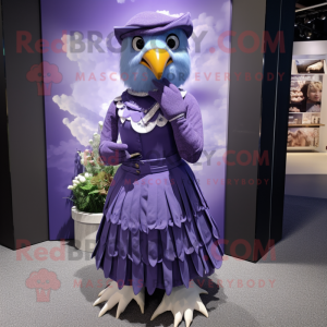 Lavender Falcon mascot costume character dressed with a Skirt and Caps