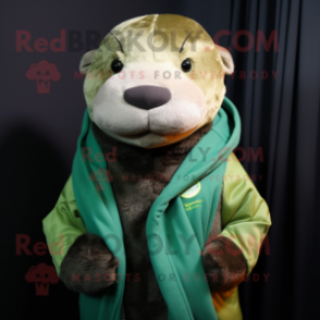 Green Otter mascot costume character dressed with a Jacket and Scarves