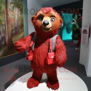 Red Sloth mascot costume character dressed with a Pleated Skirt and Backpacks