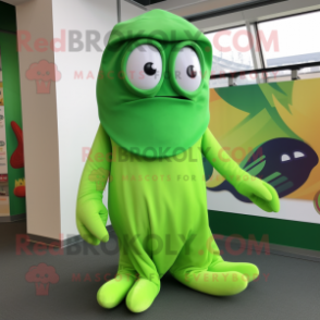 Lime Green Squid mascot costume character dressed with a Jumpsuit and Wraps