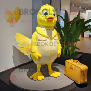 Lemon Yellow Pigeon mascot costume character dressed with a Capri Pants and Wallets