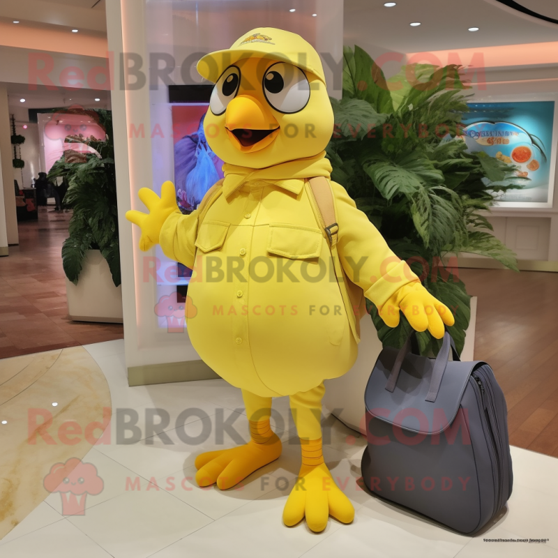 Lemon Yellow Pigeon mascot costume character dressed with a Capri Pants and Wallets