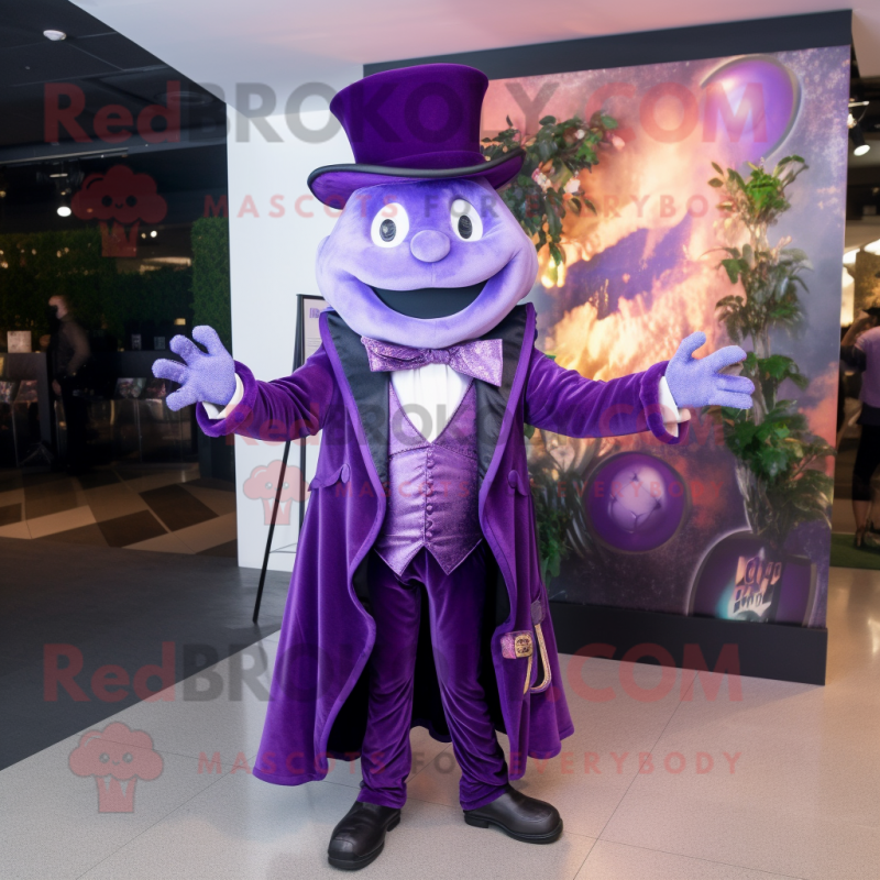 Purple Magician mascot costume character dressed with a Suit and Lapel pins