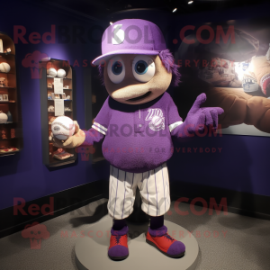 Purple Baseball Glove mascot costume character dressed with a Cardigan and Hat pins
