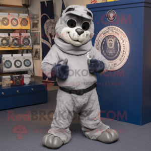 Silver Navy Seal mascot costume character dressed with a Joggers and Rings