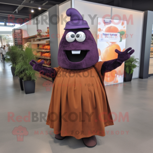 Rust Eggplant mascot costume character dressed with a Maxi Skirt and Belts