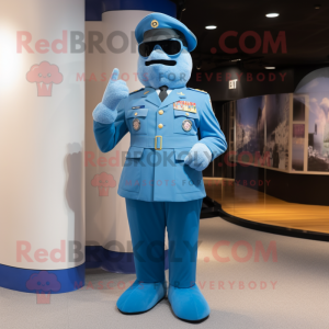 Sky Blue Air Force Soldier mascot costume character dressed with a Cover-up and Berets