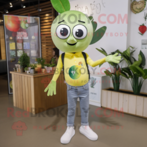 Olive Lemon mascot costume character dressed with a Skinny Jeans and Brooches