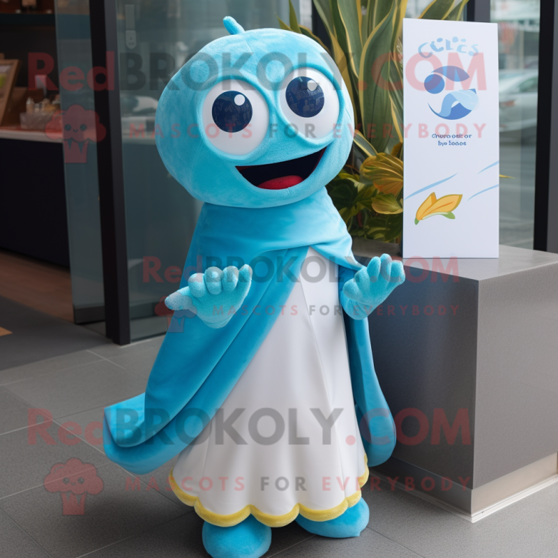 Sky Blue Ceviche mascot costume character dressed with a Wrap Skirt and Ties