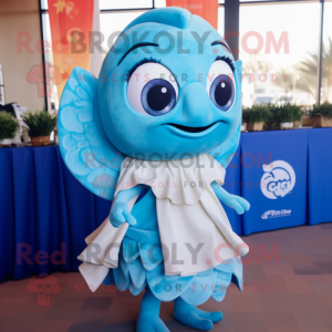 Sky Blue Ceviche mascot costume character dressed with a Wrap Skirt and Ties