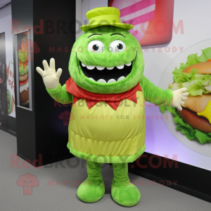 Lime Green Hamburger mascot costume character dressed with a Dress Shirt and Gloves