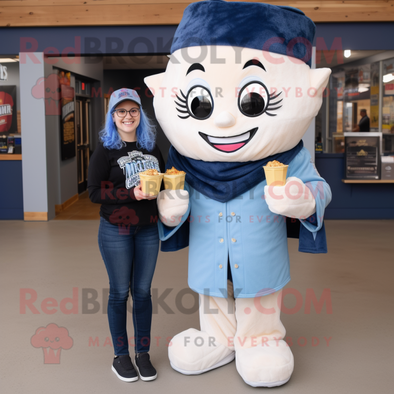 Navy Pop Corn mascot costume character dressed with a Mom Jeans and Wraps