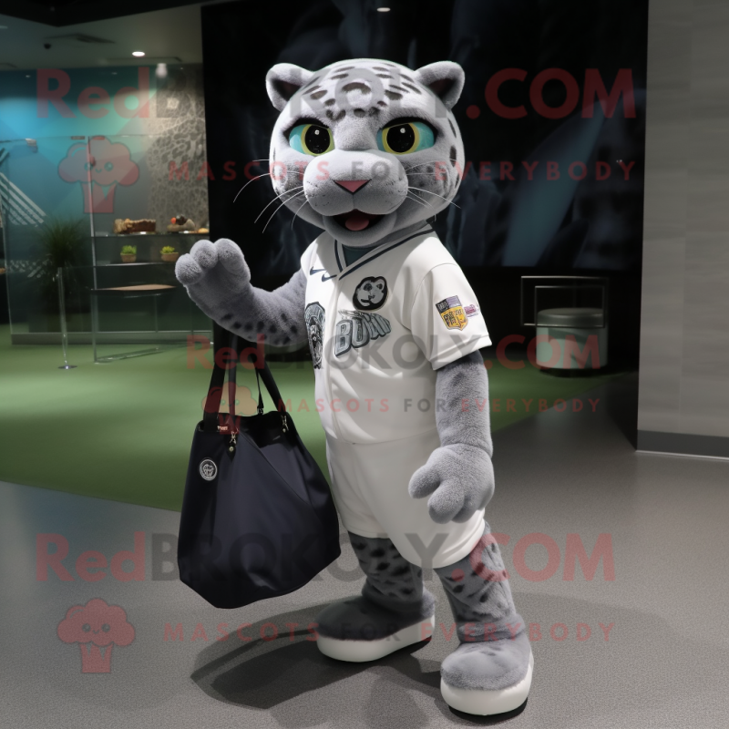 Gray Jaguar mascot costume character dressed with a Baseball Tee and Tote bags