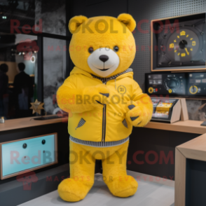 Yellow Bear mascot costume character dressed with a Cardigan and Smartwatches