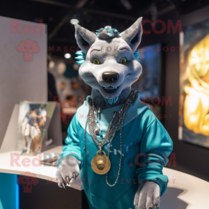 Cyan Thylacosmilus mascot costume character dressed with a Parka and Necklaces