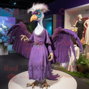 Purple Archeopteryx mascot costume character dressed with a Wedding Dress and Mittens