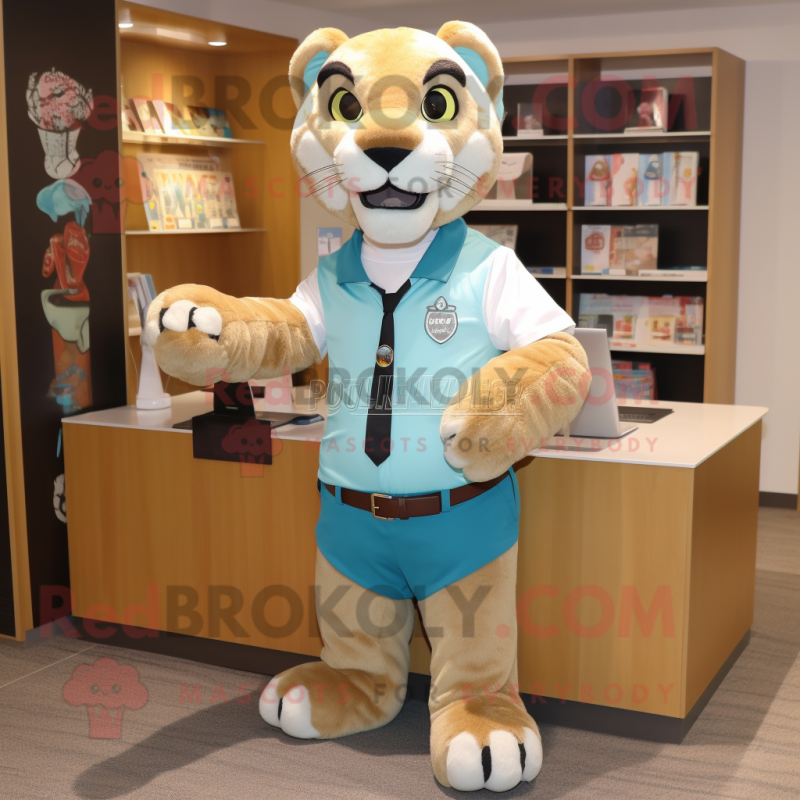 Cyan Mountain Lion mascot costume character dressed with a Dress Shirt and Wallets