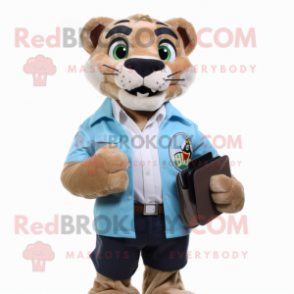 Cyan Mountain Lion mascot costume character dressed with a Dress Shirt and Wallets