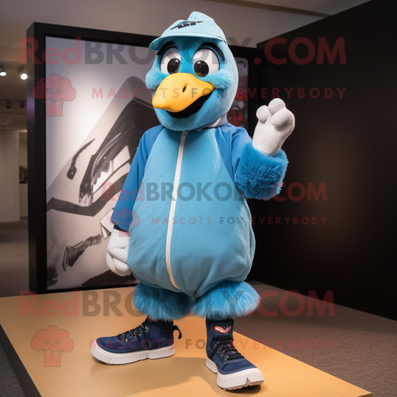 Sky Blue Crow mascot costume character dressed with a Windbreaker and Foot pads